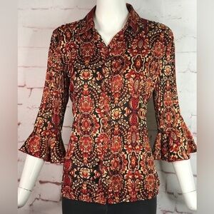 ESSENTIALS By MILANO Pleated S 3/4 Bell Sleeve Rust Cream Black Print Blouse